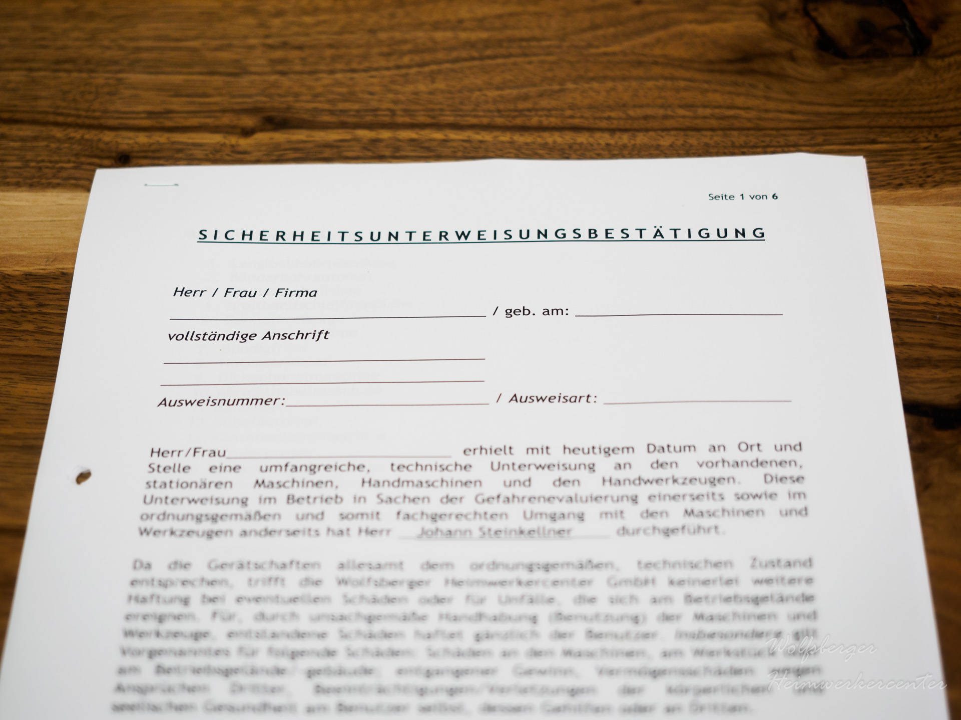Dokument zur Sicherheitsunterweisungsbestätigung